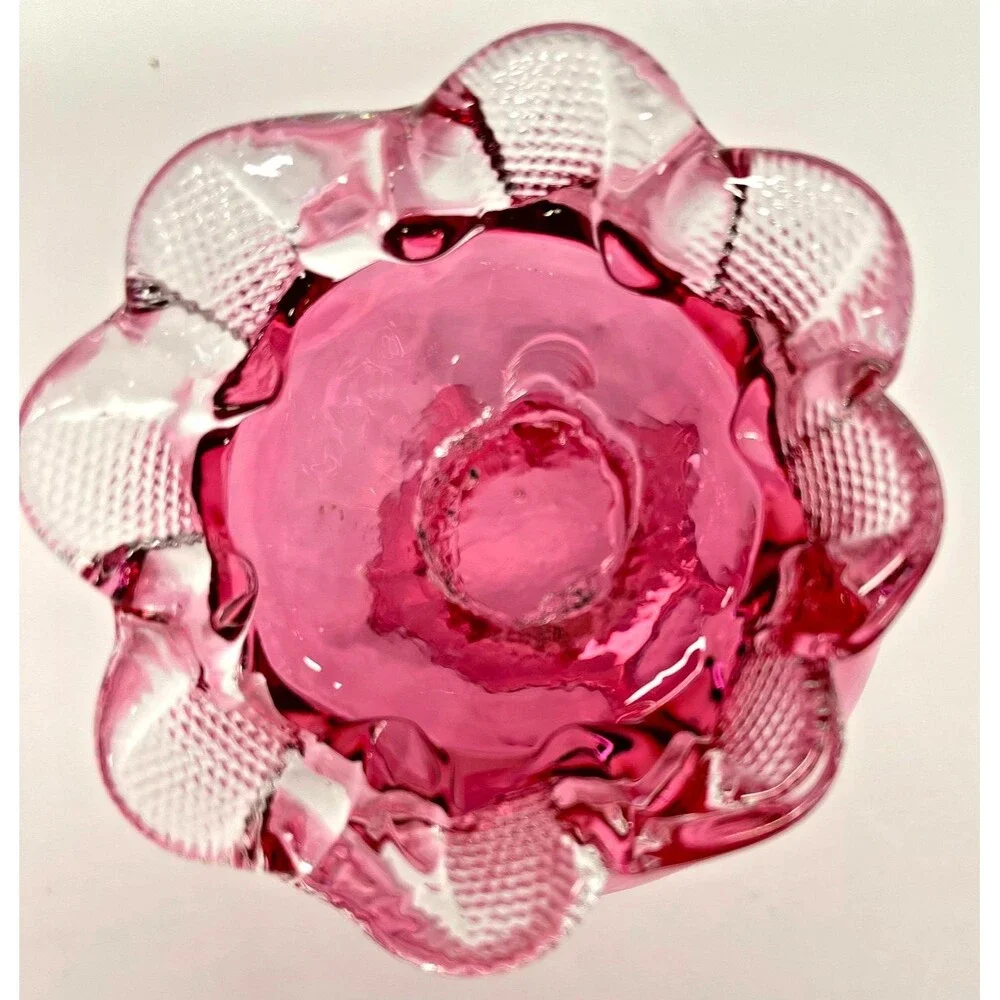Vintage Cranberry Art Glass Vase Pair – Ruffled Rim Bud Vases, Hand Blown Pink